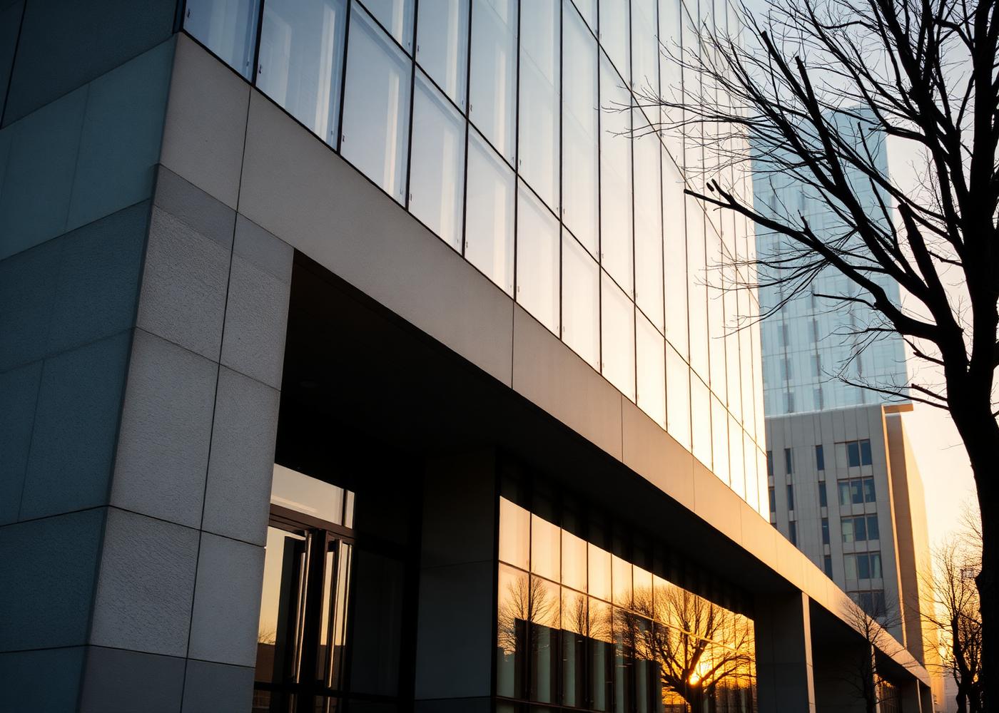 Immeuble corporate contemporain au coucher du soleil